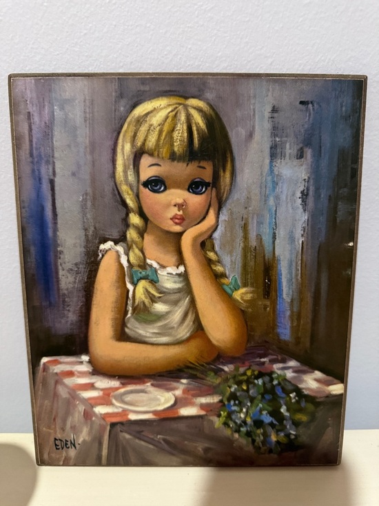 Eden Other - Vintage Lithograph on Board by Eden titled  “Pensive. “Big Eye” 60’s style.